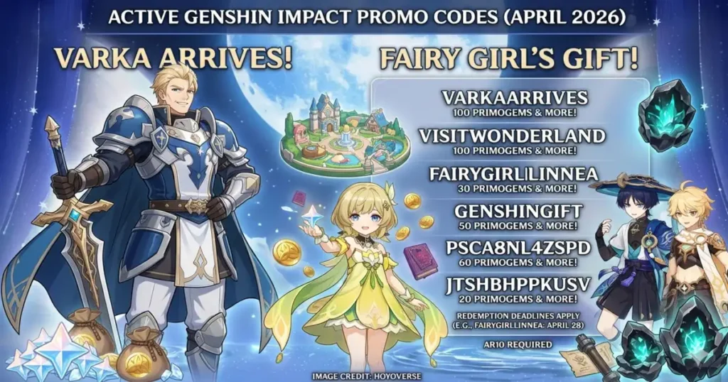 Genshin Impact April 2026 codes infographic showing Varka and rewards.