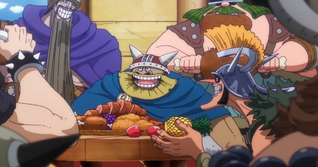 The Thousand Sunny sailing alongside a massive Giant Warrior ship in One Piece Episode 1156.