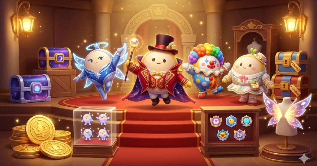 Panoramic view of 10 new circus-themed maps in Eggy Party New Season Spring 2026 featuring cannons and magic stages.