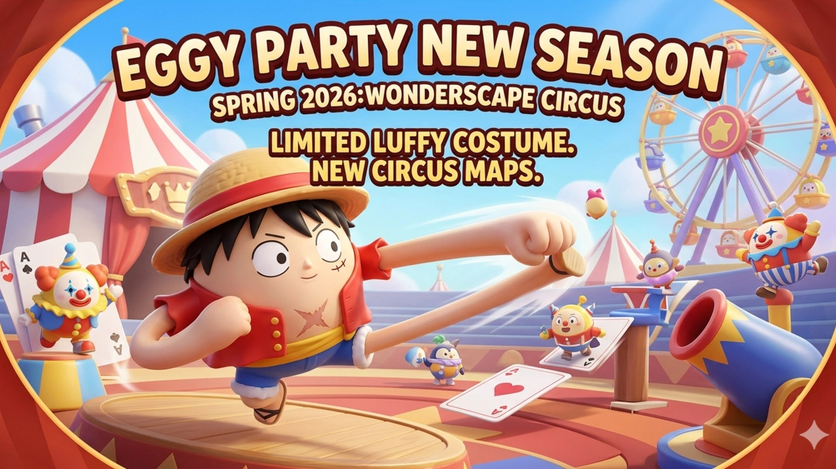 A panoramic view of the Eggy Party New Season Spring 2026 Wonderscape Circus maps featuring cannons, magic cards, and carnival stages.