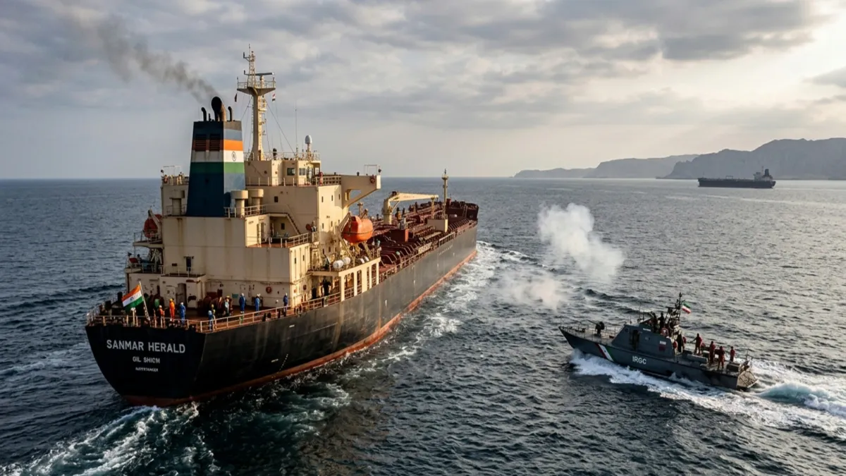 Serious escalation in the Strait of Hormuz as an IRGC gunboat fires warning shots at the Indian-flagged vessel Sanmar Herald, threatening Indian energy security.