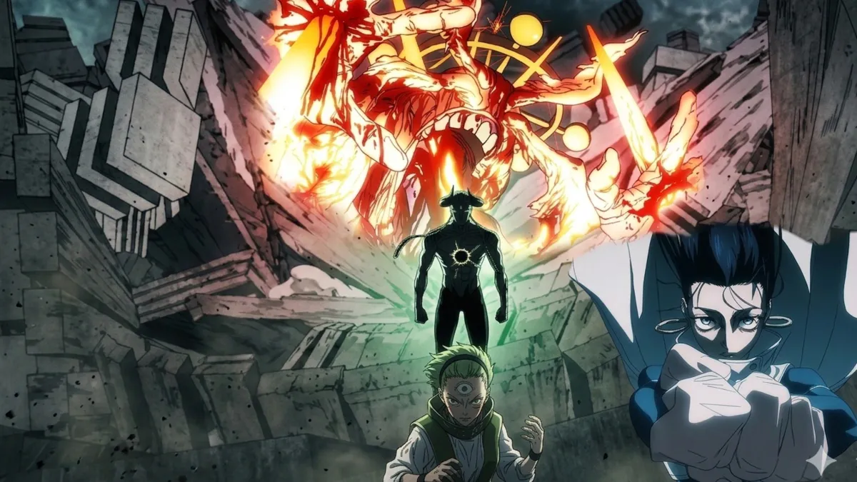 Promo visual for Jujutsu Kaisen Modulo featuring Dabura and Maru in a destroyed domain.