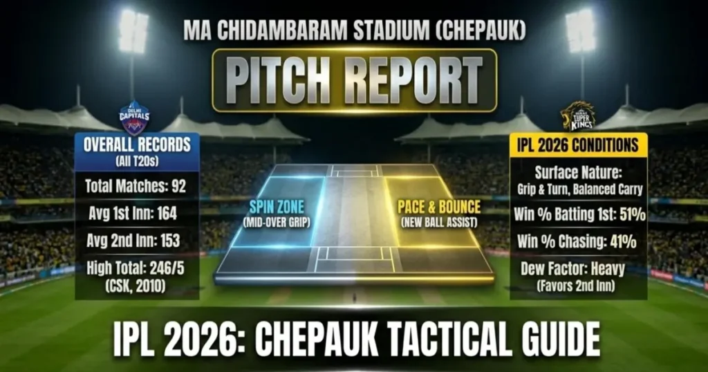 MA Chidambaram Stadium Chepauk Pitch Report Infographic and Tactical Guide for IPL 2026 Match 18.