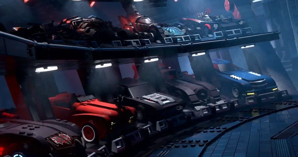 A slightly high-angle shot focusing on a LEGO Batman minifigure observing large trophies in a cave. Prominently featured is a large brick-built Joker playing card with a green-haired face, a giant Bat-symbol, and other collectibles, all under subtle, blue-green lighting from the cave.