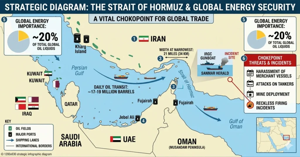 A strategic diagram of the Strait of Hormuz escalation showing the Sanmar Herald incident site and its impact on global oil trade and Indian energy security.