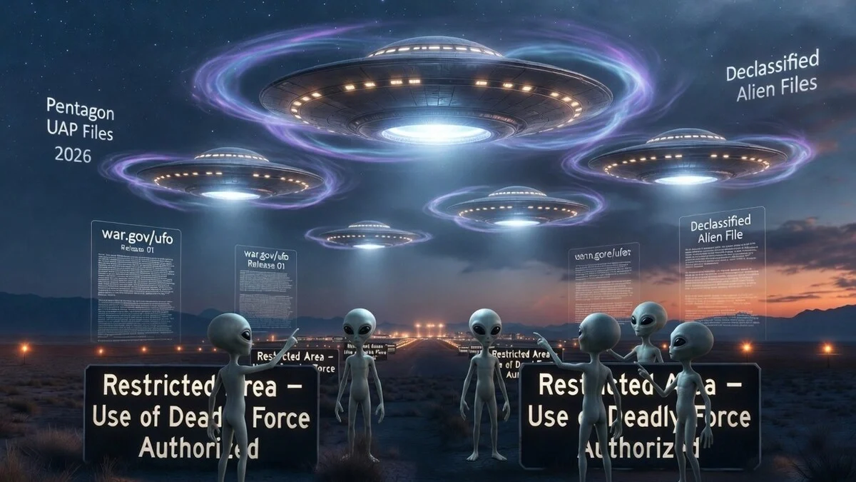 Area 51 alien files revealed: Grey aliens and UFOs hovering over Groom Lake base with declassified Pentagon alien files 2026