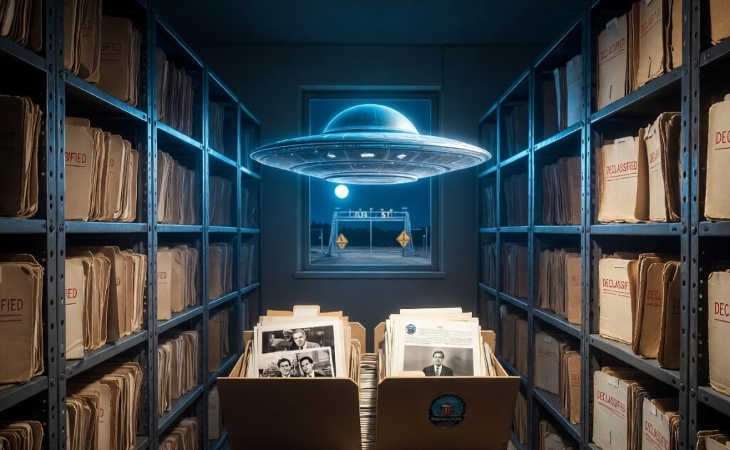 Declassified Area 51 alien files in secret archive with glowing UFO and Pentagon documents