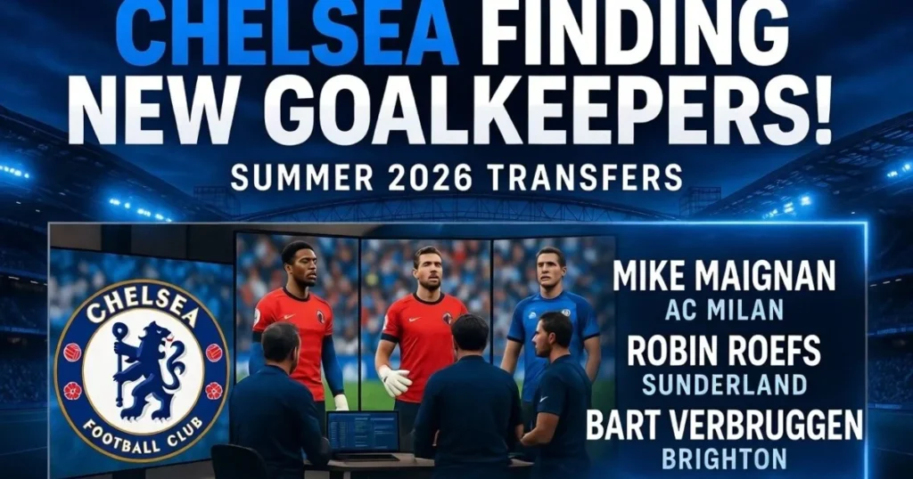 Chelsea new goalkeepers 2026 transfer graphic – Maignan, Roefs & Verbruggen targets