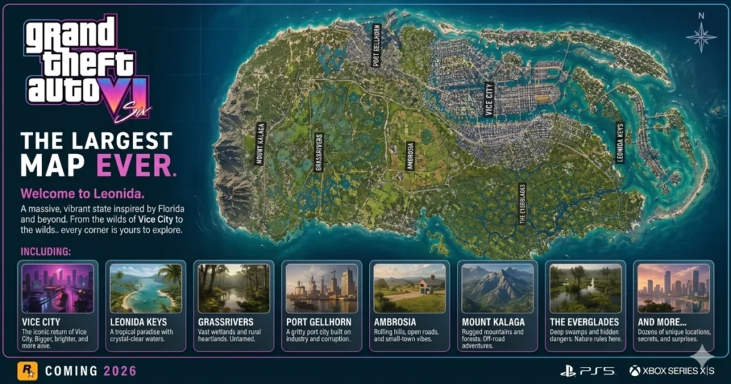 Unofficial GTA VI map concept showcasing the vast state of Leonida.