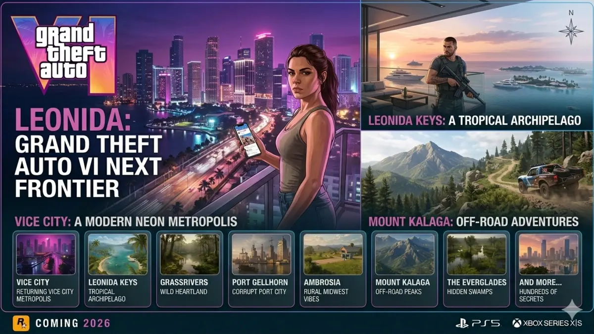Unofficial GTA VI graphic featuring protagonist Lucia in front of the Vice City skyline and Jason in the Leonida Keys.