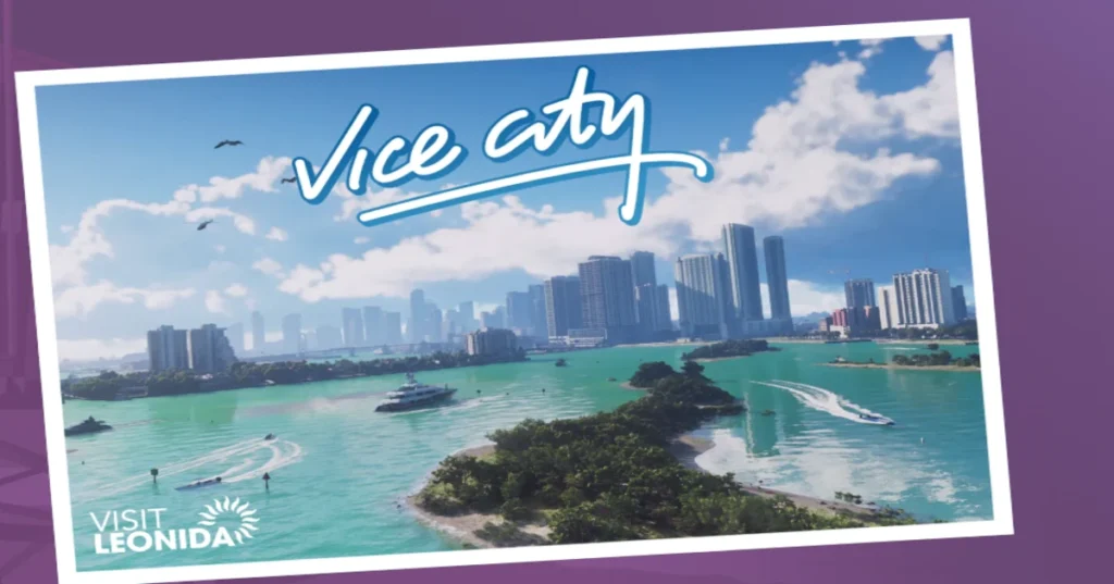 A "Visit Leonida" postcard showing the Vice City skyline, a key location confirmed for the GTA 6 Release Date.
