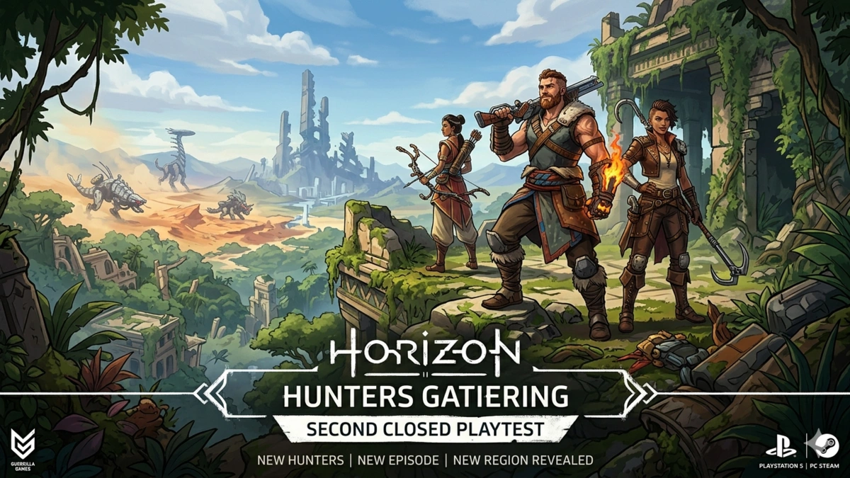 Three warriors from Horizon Hunters Gathering stand on ancient ruins overlooking the new second playtest region.