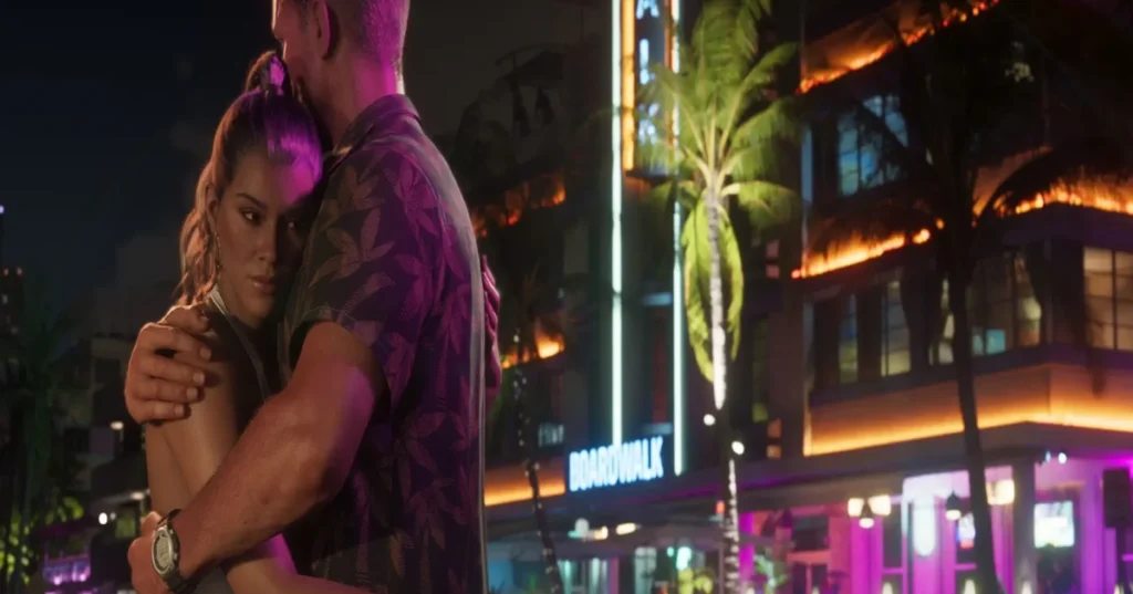 Protagonists Lucia and Jason embracing in Vice City, a central duo in the story following the GTA 6 Release Date.