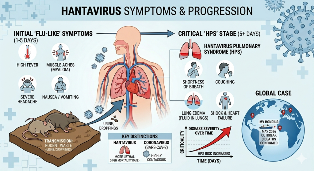 Infographic displaying Hantavirus symptoms and progression.