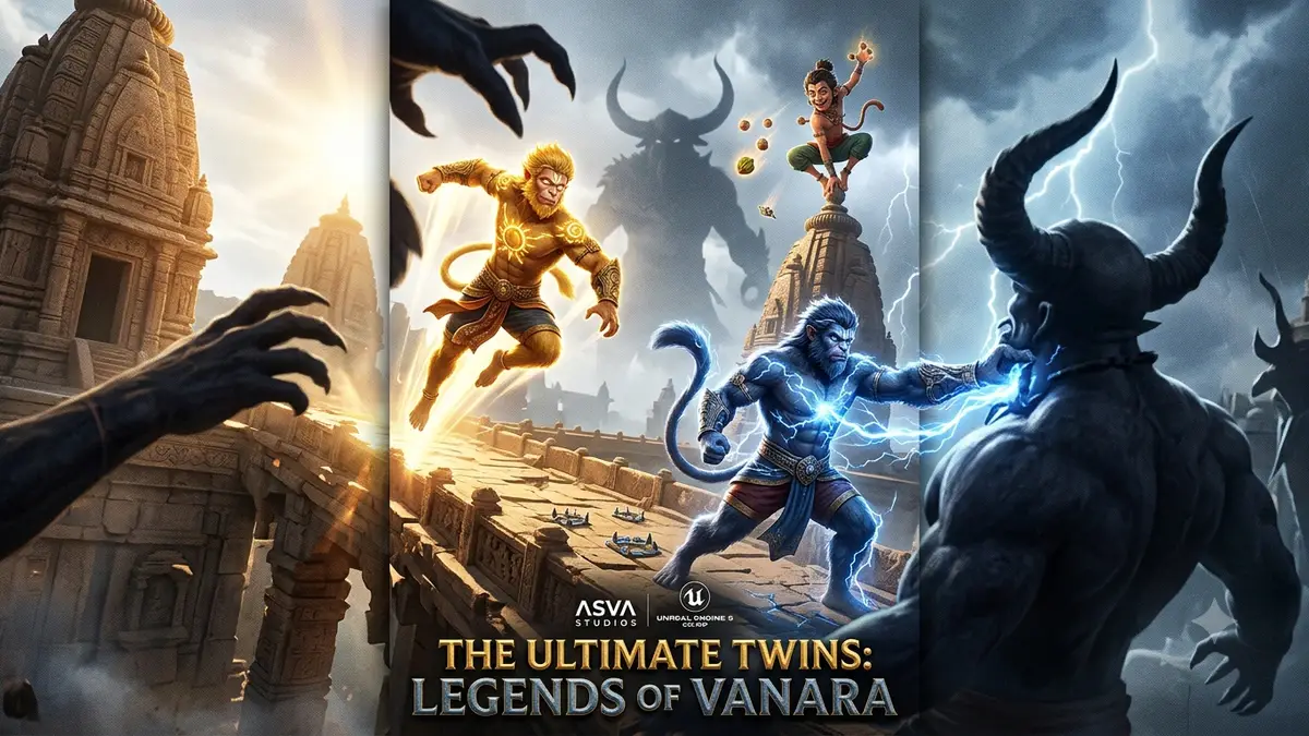 Game art for The Ultimate Twins: Legends of Vanara, showing Vali with blue lightning, Sugriva leaping, and a giant horned demon.