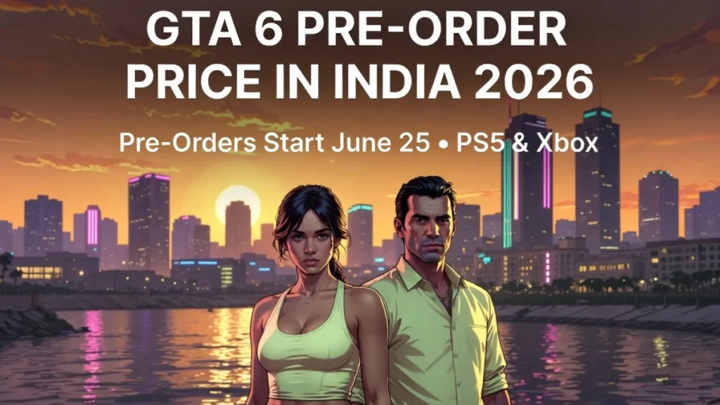 GTA 6 pre order price in India 2026 featured image with Vice City skyline, Lucia and Jason, pre-orders starting June 25 on PS5 and Xbox