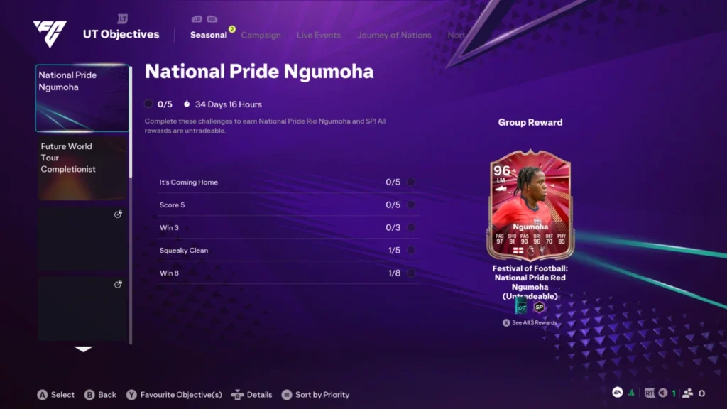 EA FC 26 National Pride Rio Ngumoha UT Objectives menu showing challenges and the 96 OVR reward card.