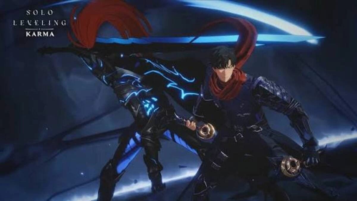 Solo Leveling KARMA official combat artwork featuring Sung Jinwoo with glowing weapons and Shadow power