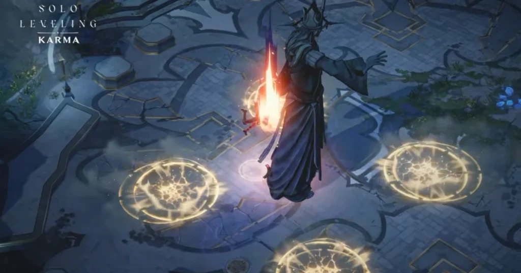 Action RPG gameplay from Solo Leveling KARMA showing combat effects and floor hazards.